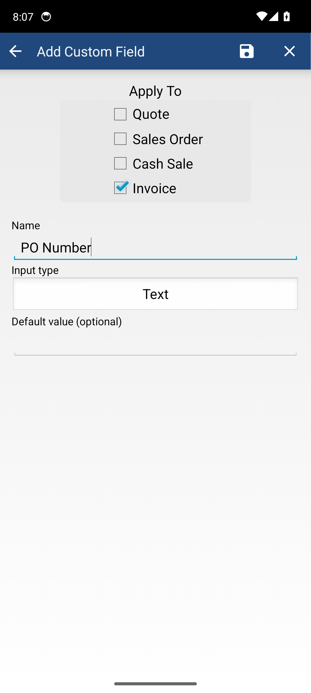 Add Custom Field screen showing Label, Type of Input, and Apply To
