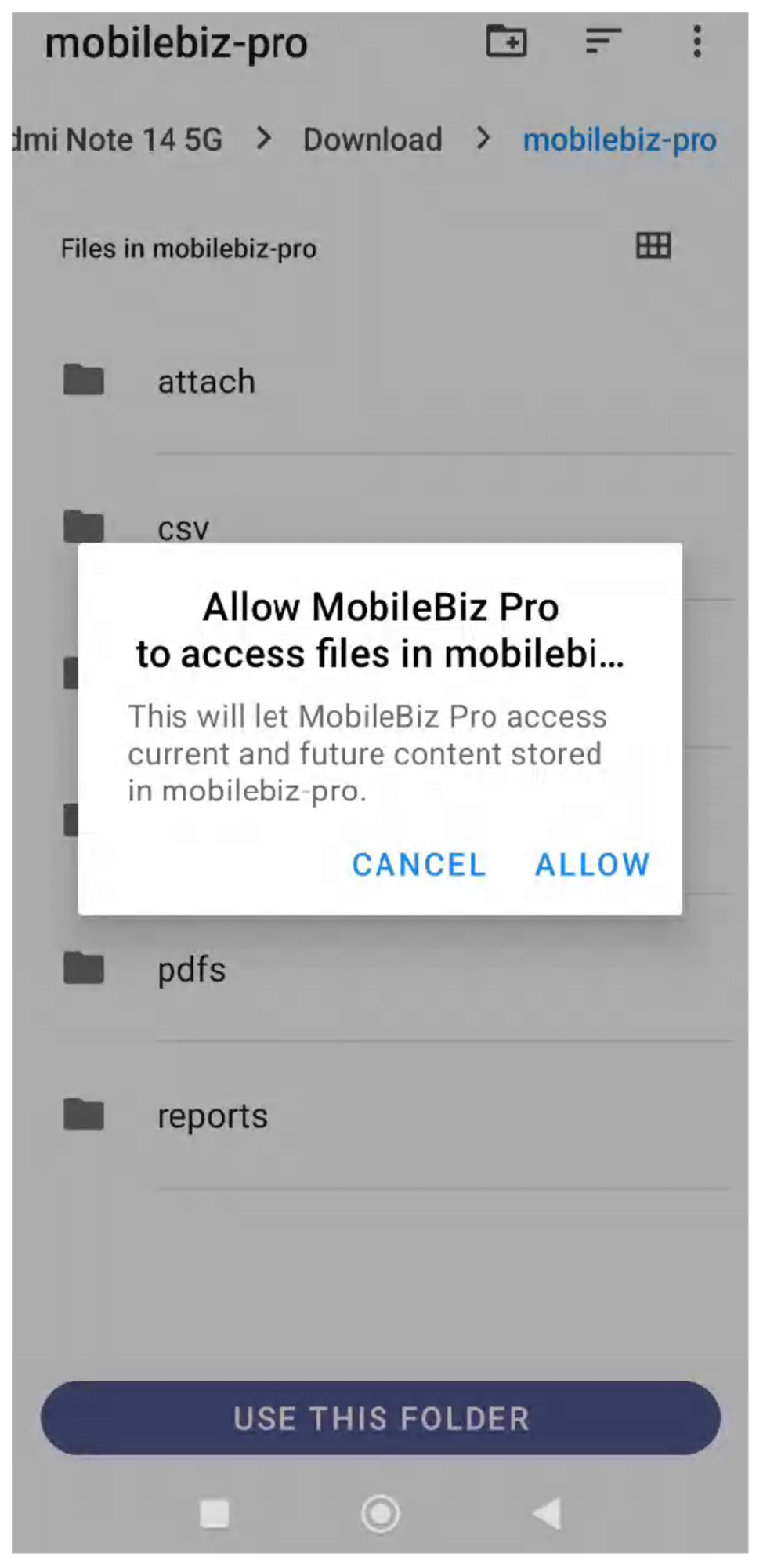 Android permission dialog asking to allow MobileBiz Pro to access files in the selected folder