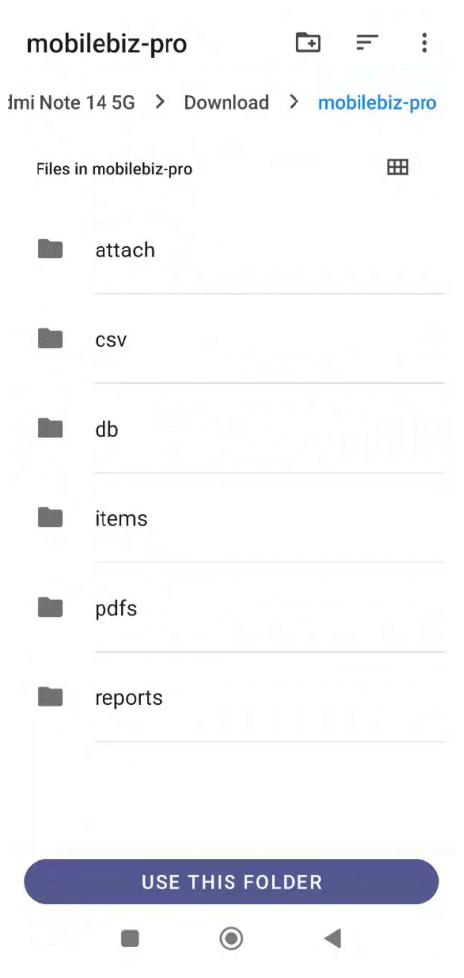 Folder picker showing Download > mobilebiz-pro selected with USE THIS FOLDER button