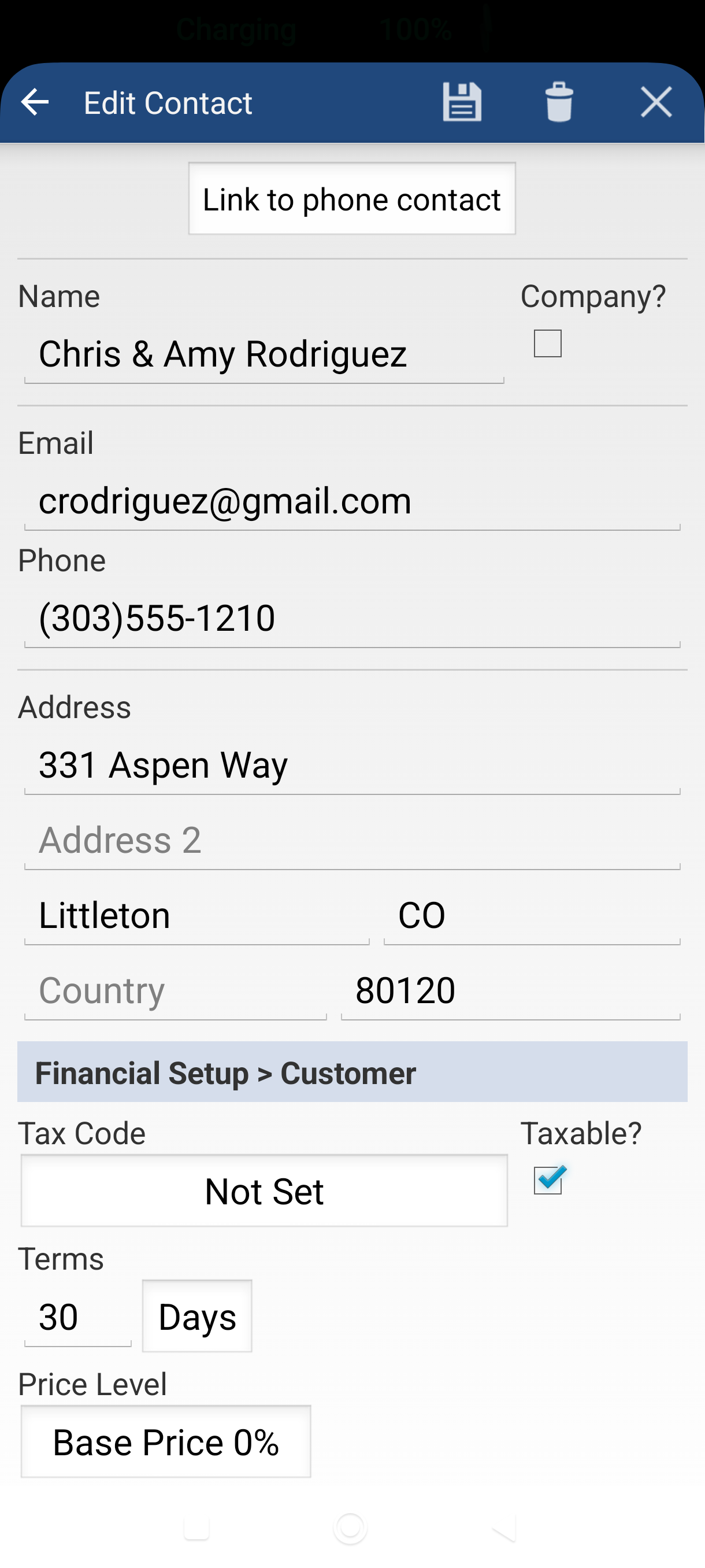New Contact screen with name, email, and address filled in