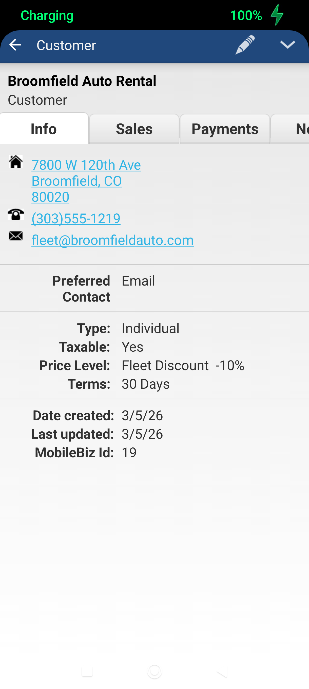 Customer detail screen showing newly saved customer