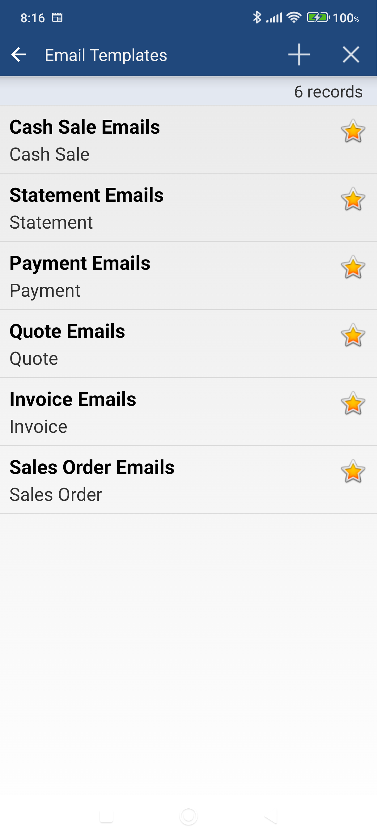 Email Templates list with + icon in toolbar