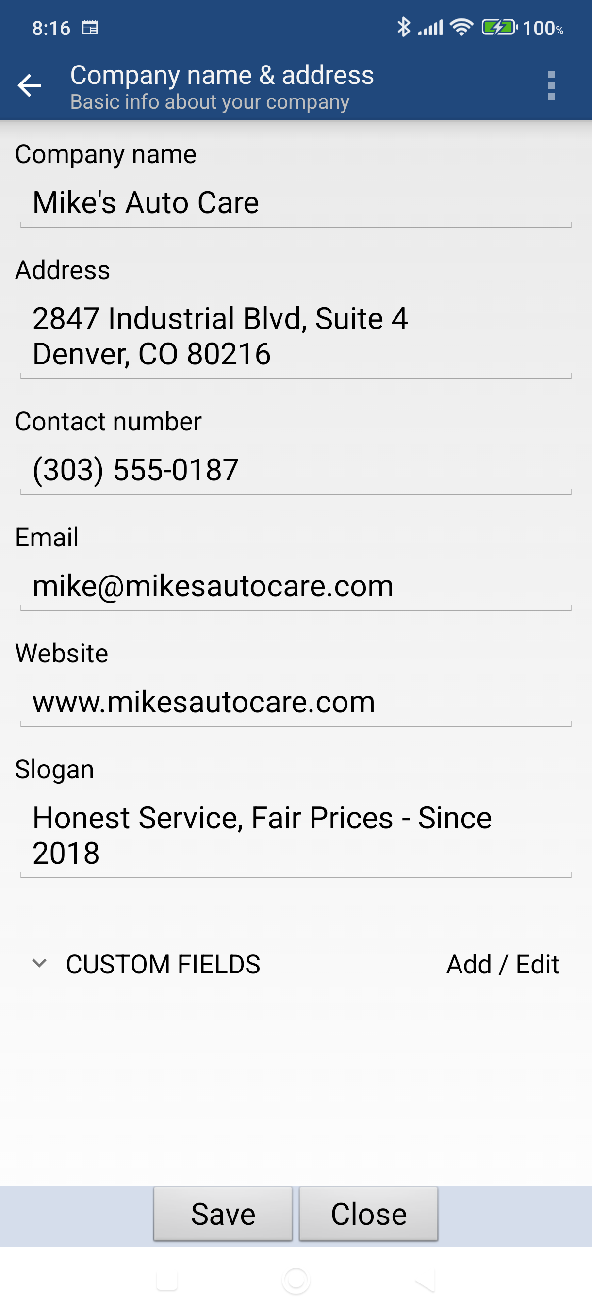 Company name and address screen with fields filled in