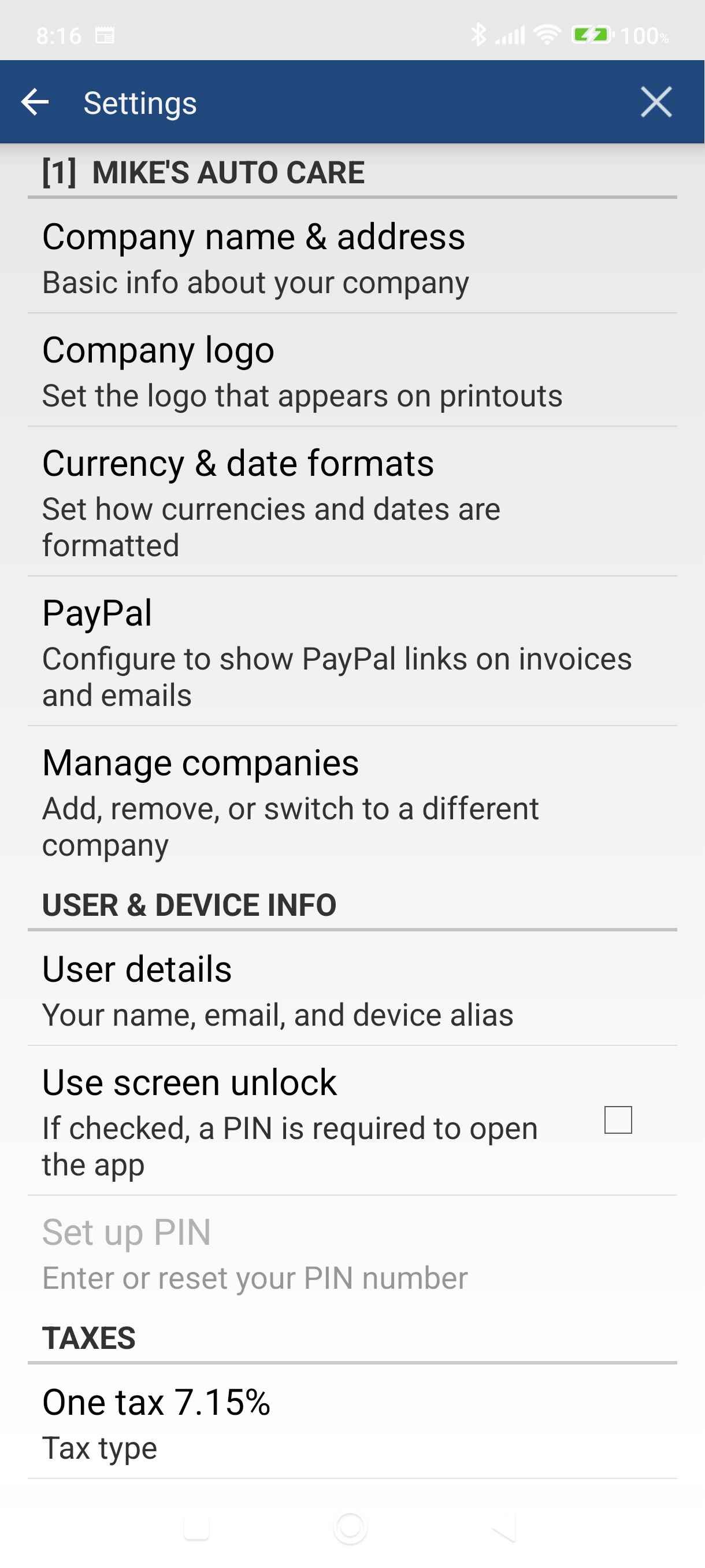Settings screen with Company name and address at the top